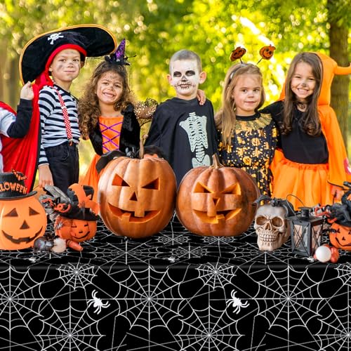 Black Halloween Spider Web Plastic Tablecloths - 2 Pcs, 108x54 Inch, Disposable Party Decor