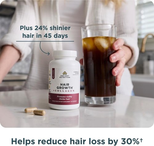 Ancient Nutrition Hair Growth Supplement - Hydrolyzed Collagen Peptides for Thicker, Fuller Hair | 60 Count