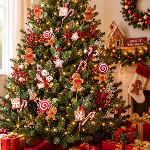 Attractive Gingerbread Christmas Tree Picks - 12 Inch Holiday Decor - Set of 12