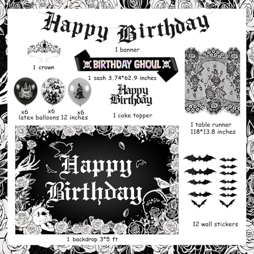 Gothic Birthday Decorations Kit with Backdrop Banner Skull Skeleton Bat Wall Decals