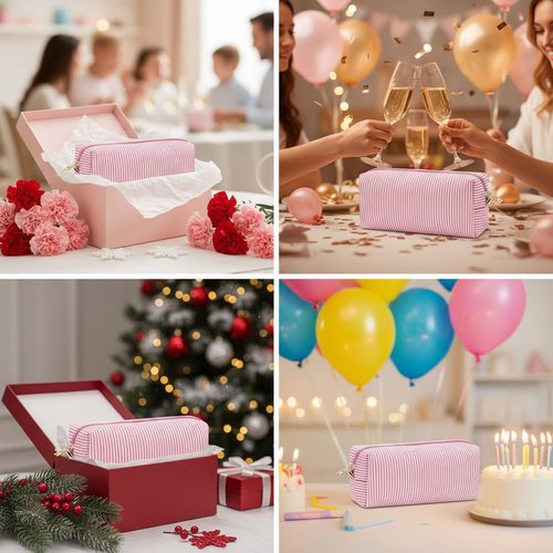 12 PACK Makeup Bags-Bulk Seersucker Cosmetic Bag for Women Bridesmaid Gifts Makeup Pouch for Wedding Party Favors Bachelorette Party Decorations Travel Toiletry Organizer Mon Teacher Gift(12, Pink)