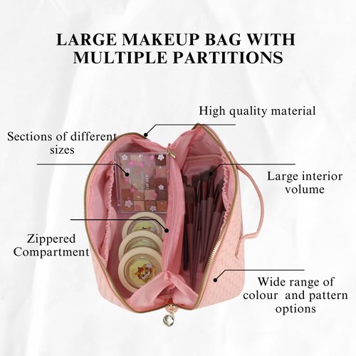 Mothers day gifts Large Capacity Travel Makeup Bag, PU Leather Makeup Bag Organizer, Toiletry Bag for Women with divider, Cosmetic Bags for Women Leather Waterproof Cosmetic Bag,(Pink)