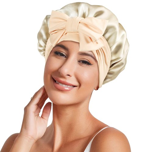 Necole Silk Bonnet for Women 100% Mulberry Silk Sleep Cap 22 Momme Double Layer Hair Wrap for Curly Short Long Hair, Non-Slip Turban with Elastic Tie, Gold