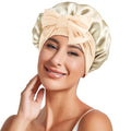 Necole Silk Bonnet for Women 100% Mulberry Silk Sleep Cap 22 Momme Double Layer Hair Wrap for Curly Short Long Hair, Non-Slip Turban with Elastic Tie, Gold