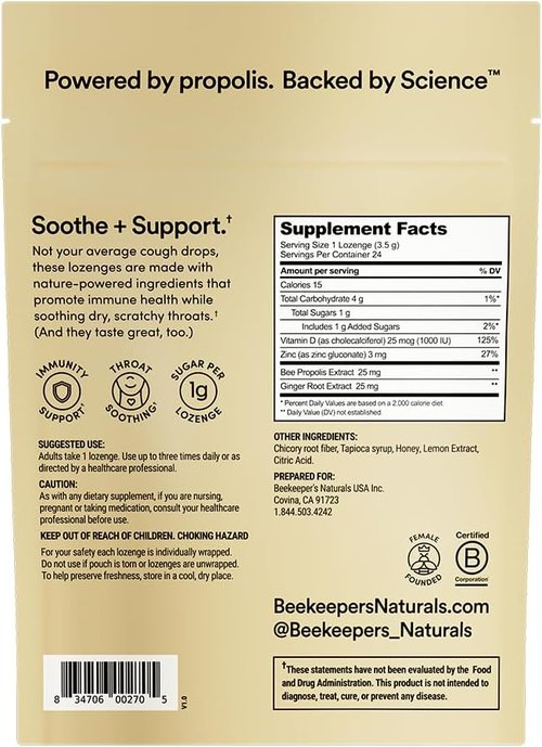 Beekeeper's Naturals Honey Ginger Lemon Cough Drops - Immune Support with Vitamin D & Zinc | 24 Count