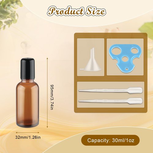 Mirrline 12 Pcs Essential Oil Roller Bottles Amber Glass Roller Bottles Refillable Cosmetic Vials Containers with Stainless Steel Roller Balls & Black Lid - 30ml/1oz