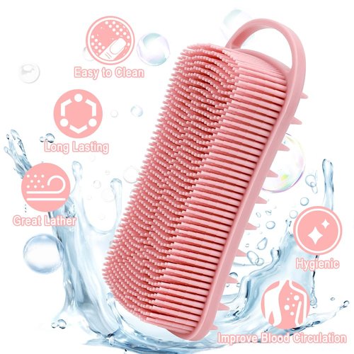 Silicone Body Scrubber, 2 in 1 Soft Silicone Loofah 2 Pack Exfoliating Body Scrubber Loofah for Women Men, Body Scrubber Shower Bath Shampoo Brush with Loop for Sensitive Skin Lather Well, Pink & Blue