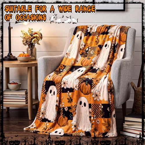 Halloween Throw Blanket 50x60 Inches - Orange Plaid Ghost Pumpkin Fleece Cozy Decor