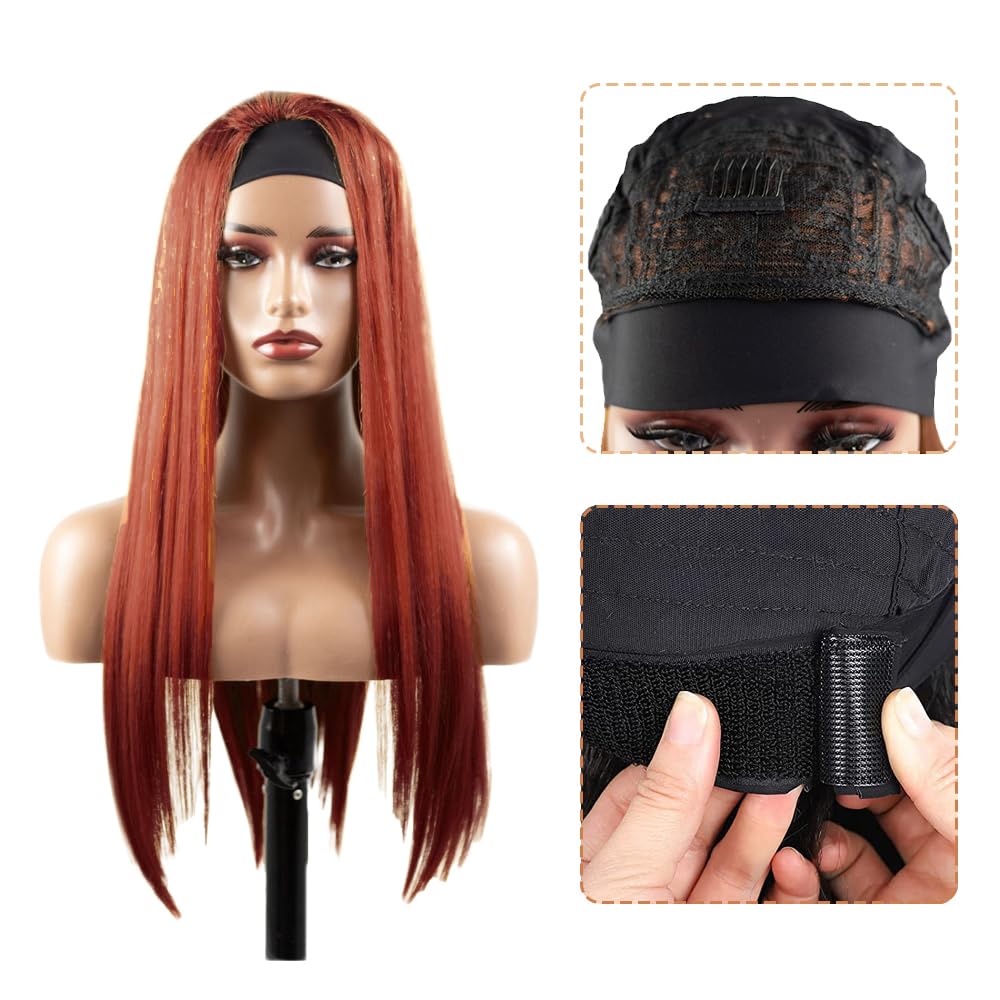 YiweYowe 22 Inch #33 Reddish Brown Headband Wig Human Hair 150% Density Grade 8A Unprocessed Brazilian Virgin Hairs Machine Made Auburn Brown Straight Headband Wig Human Hair None Lace Front Wig