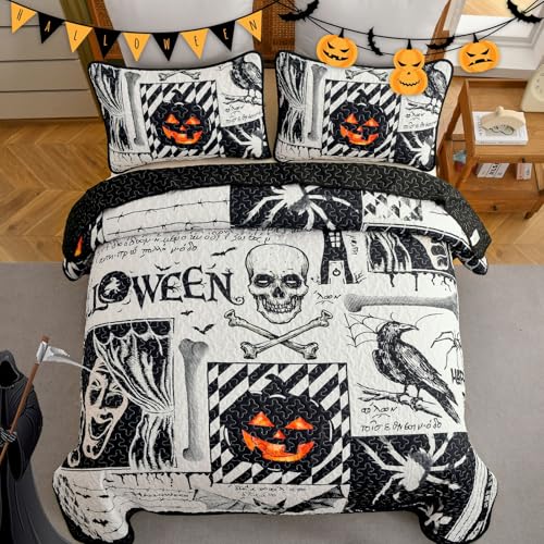 King Size Halloween Quilt Set Black Patchwork with Pumpkin Ghost Design - Luxudecor