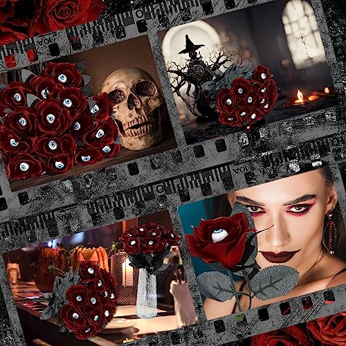 Halloween Artificial Roses Bouquet with Eyeball - 20 Pcs Creepy Floral Decorations, Red