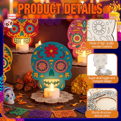 LemonRoad Day of the Dead Skull Candle Holders - DIY Wooden Marigold Ofrenda Decor - Variation of Skull