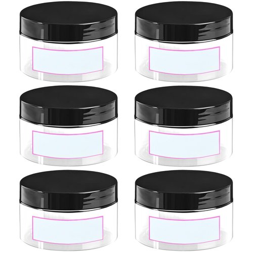 8 oz Plastic Container Jars with Labels, 6 Pcs Empty Round Cosmetic Containers with Black Lid for Cream, Body Butter, Makeup, Travel Samples (Clear)