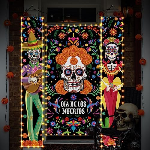 Preboun Day of the Dead Door Banner Set with LED Lights - Sugar Skull & Marigold Decor