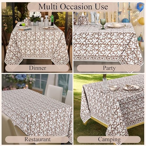 Ridhi Oak Brown Hand Block Print Cotton Square Tablecloth 60 x 60 Inch - Elegant Dining Decor