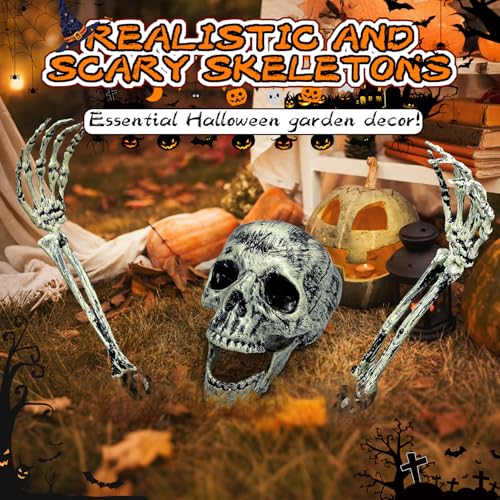 Outdoor Skeleton Decorations Set with Skull & Adjustable Arms for Halloween Yard Scare