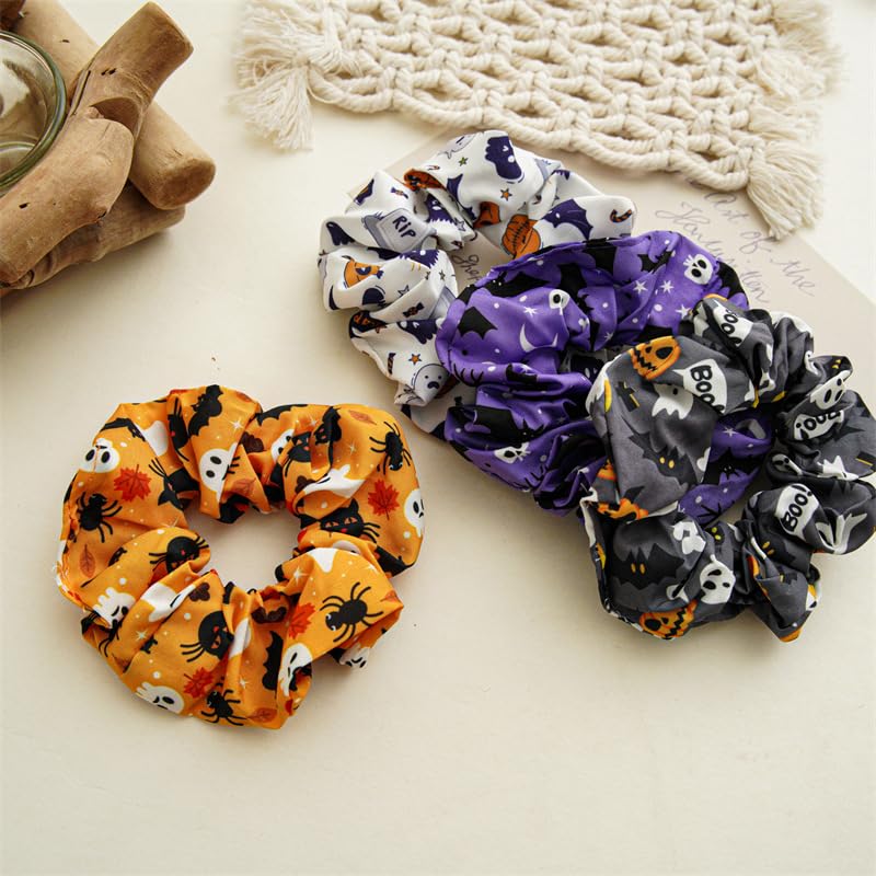 Halloween Spooky Ghost Pumpkin Bat Print Satin Hair Scrunchies - Set of 4 B