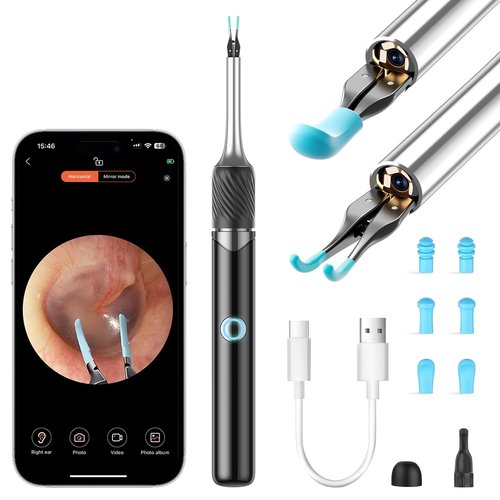 Ear Cleaner Tweezers with 6 Ear Spoon, Earwax Removal Kit with Light, Ear Cleaning kit for iOS & Android, Black