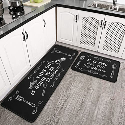 Feed All You Kitchen Rug Set of 2 Non-Slip Waterproof Mats - Black