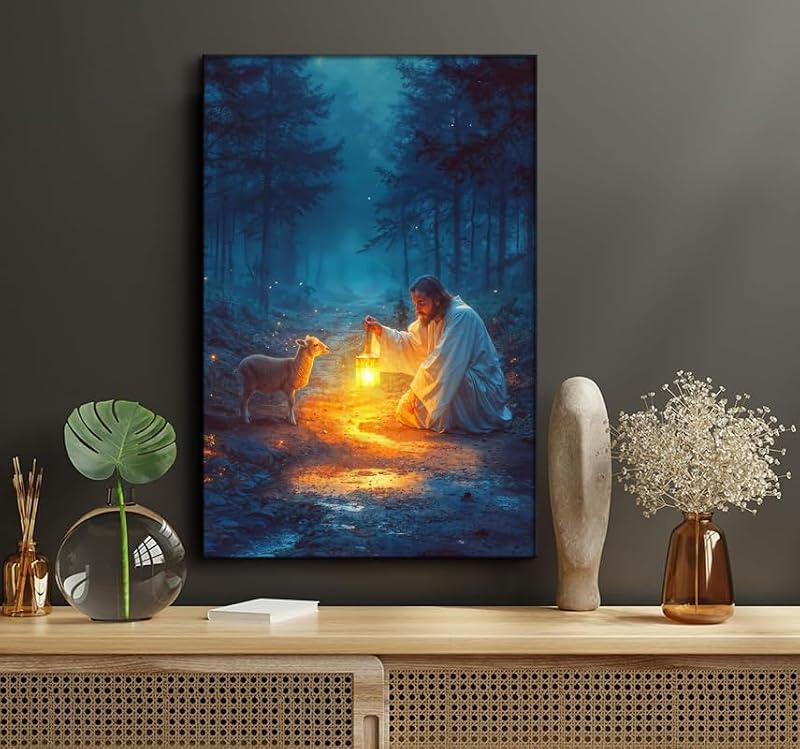 Christian Wall Art Jesus and Lost Lamb Canvas Poster - 16x24 Religious Home Decor - Variation of THIS listing