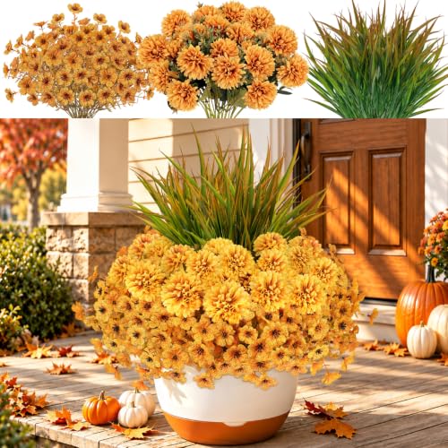 Artificial Fall Flowers for Outdoors - UV Resistant Silk Mums & Chrysanthemums - Yellow & Grass Variation of THIS listing