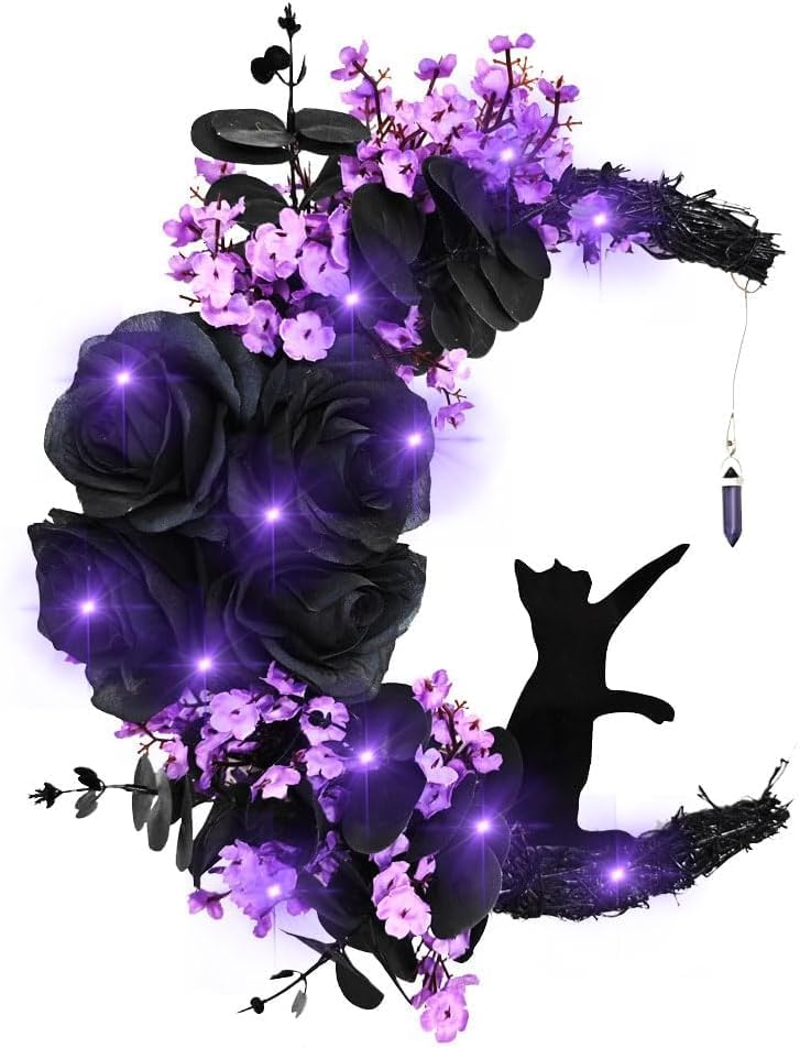 Halloween Wreath Decorations - Black Cat Half Moon Wreath with Lights - Purple Rose Variation