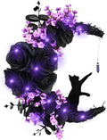 Halloween Wreath Decorations - Black Cat Half Moon Wreath with Lights - Purple Rose Variation
