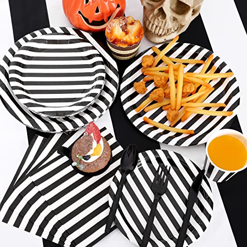 Black and White Striped Party Supplies Set - 113 Pieces for Halloween, Birthday, Wedding