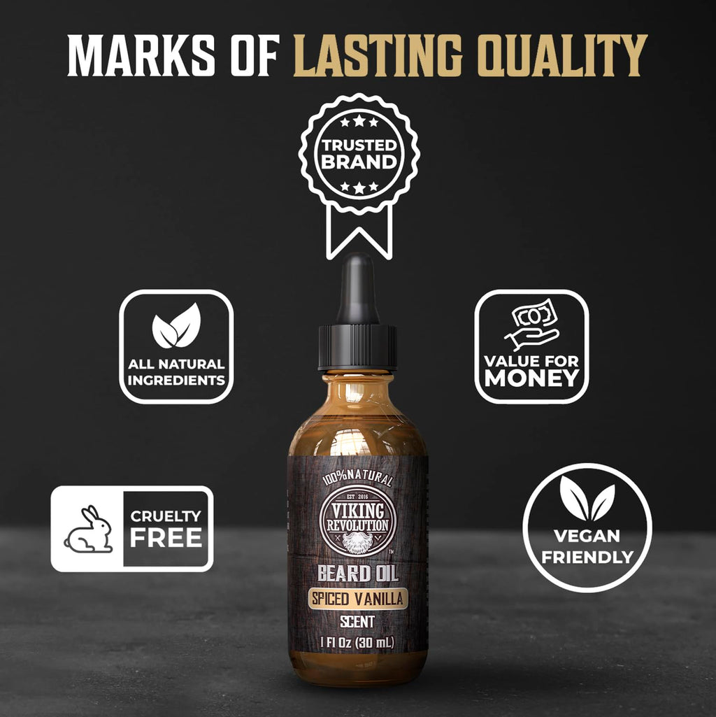 Viking Revolution Beard Oil for Men - Natural Mens Beard Oil with Argan Oil and Jojoba Oil - Beard Softener,Strengthens and Moisturizes - Beard Conditioner for Men (Spiced Vanilla, 1 Pack)