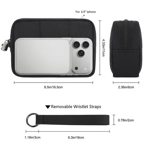 JINSI Small Zipper Puffer Makeup Bag for Wristlet Wallets, Quilted Nylon Cosmetic Pouch Organizer Toiletry Bag for Travel, Cute Make Up Bags Purse for Women Girl, Black