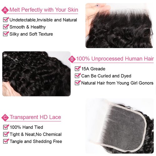 5x5 HD Lace Closure Burmese Curly 16 Inch Ultra-thin Transparent 15A Brazilian Virgin Human Hair Water Wave Lace Closure Free Part Pre Plucked with Baby Hair Quick Weave For Women
