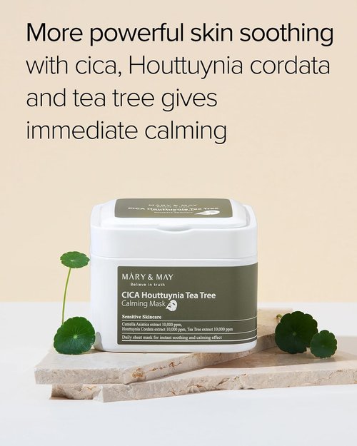 Mary&May CICA Houttuynia Tea Tree Calming Mask - Soothing & Moisturizing Sheet Masks | 30 Hypoallergenic Sheets