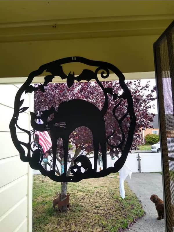 Halloween Cat Wreath Metal Door Sign - Black & Orange Fall Front Door Decor - 22 Inch - Reversible, Weather-Resistant, Handmade Halloween Wall Art - Made in USA