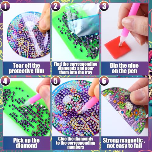 Halloween Sugar Skull Diamond Art Magnets - Multi Color Skeleton Design, 12 Pack