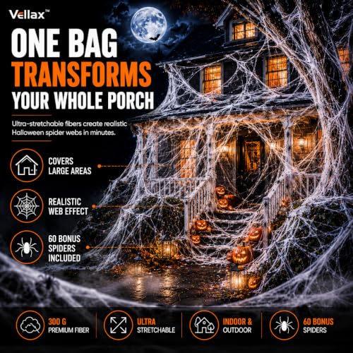 Vellax Halloween Spider Web Decorations 300g with 60 Spiders - Indoor & Outdoor Spooky Decor