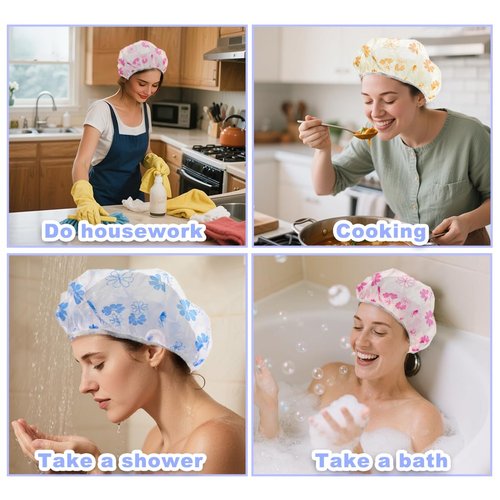 18Pcs Plastic Shower Caps for Women Waterproof Bath Caps Bathing Hair Cap Reusable Shower Caps for Shower,Spa,Salon,Housework,Girls,Home,Travel (Yellow+Red+Blue-Flower)