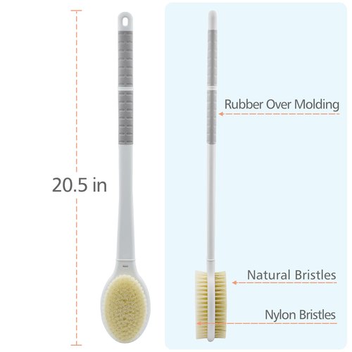 Shower Brush with Soft and Stiff Bristles,20.5" Extra Long Handle Dual-Sided Back Scrubber Bath Brush Body Exfoliator for Wet or Dry Brushing (Grey)(Super Long Handle)