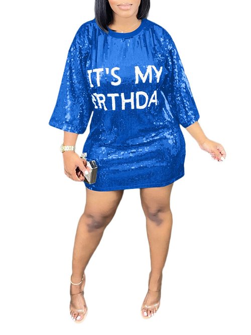 KIRJAUDU Women Sequin Glitter Letter Print 3/4 Sleeve Round Neck Party Club Mini T Shirt Dress Blue M