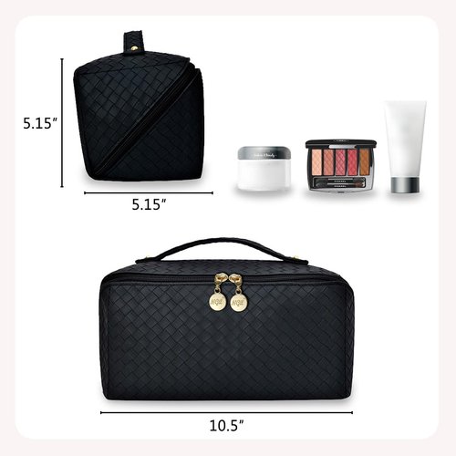 NGIL Travel Toiletry Bag, Makeup Bag, Cosmetic Bag, Portable Travel Makeup Bag, Large Capacity Cosmetic Organizer for Women, FREE COMPACT MIRROR INCLUDED (Basket Weave Style-Black, Large)