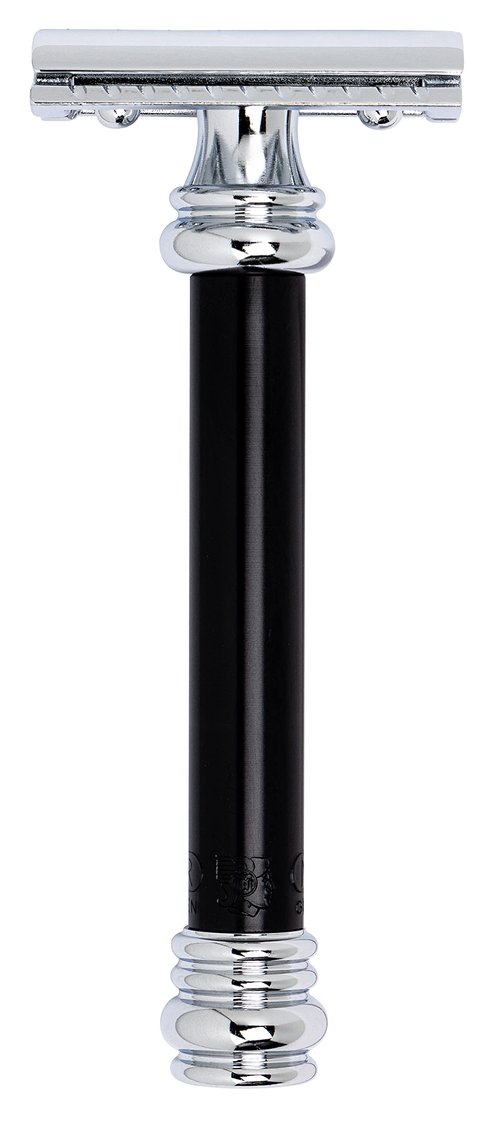 MERKUR 38B Double Edge Safety Razor - Black Handle | Extra Large Barber Pole Grip Brass Handle | Made in Germany | Plastic-Free | Two Piece Design | Closed Comb | Straight Bar
