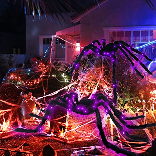 Halloween Spider Decorations Light Up 4ft Giant Spiders - Black & Purple (2 Pack) - HalloweenB
