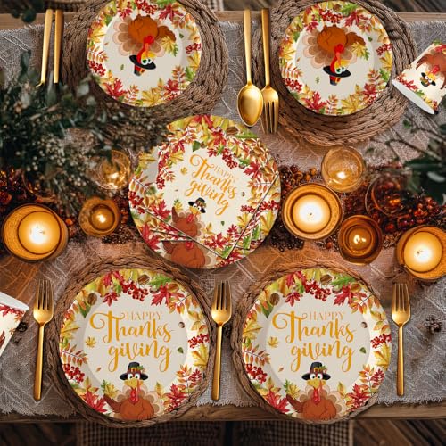 Thanksgiving Party Supplies Set with Plates Napkins Cups Forks Knives Spoons Fall Decorations