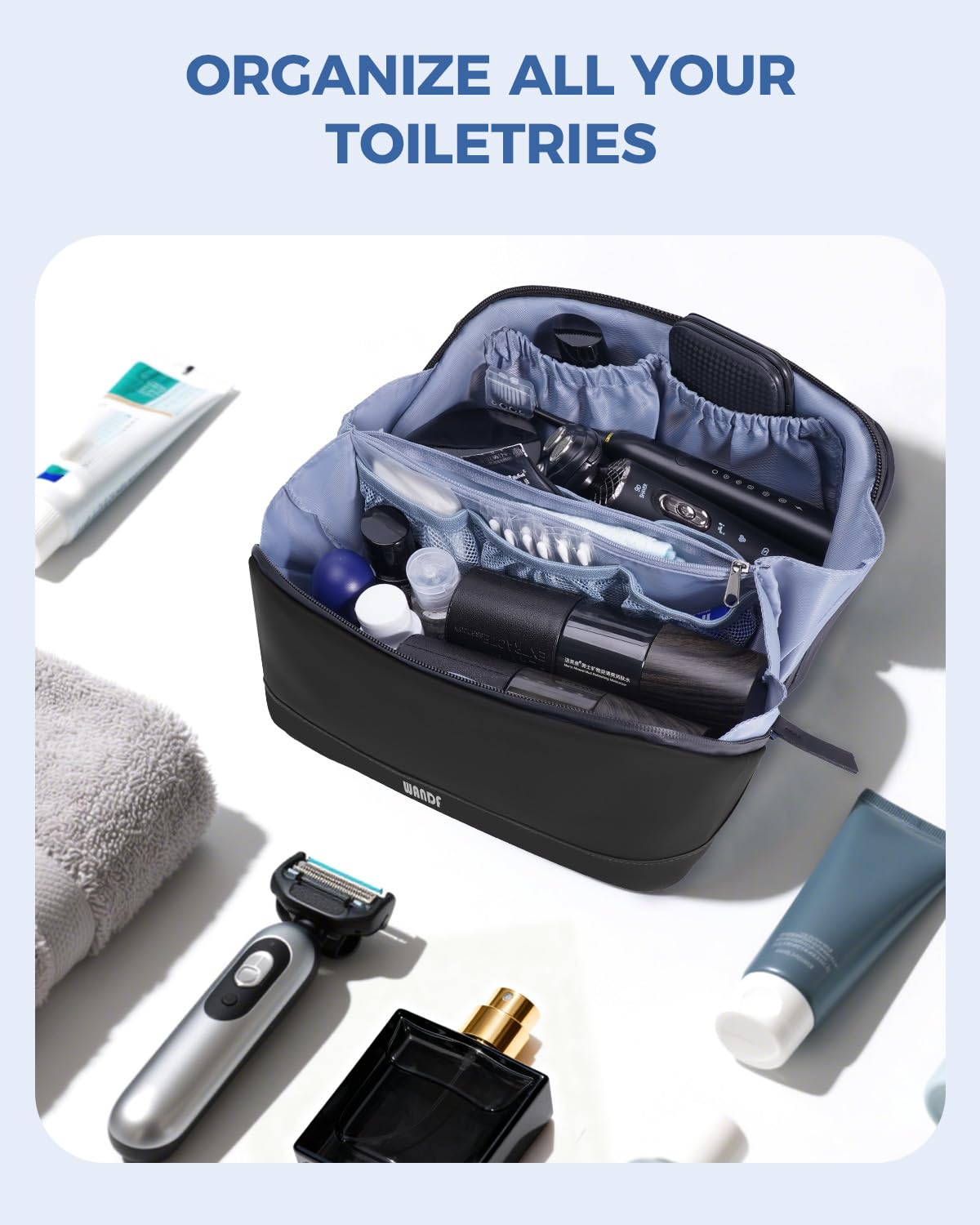 WANDF Toiletry Bag for Men, PU Leather Travel Organizer with Detachable Waterproof Hanging Pouch, Open-Flat Dopp Kit Shaving Bag with Wet Pocket for Travel Toiletries Accessories (Black)