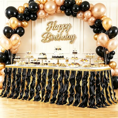 Black Gold 21ft Sequin Table Skirt for Rectangular Tables - Glitter Fringe Tutu Ruffle Party Decor