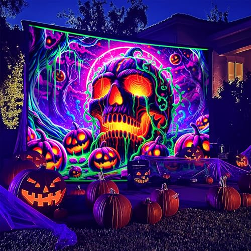 Halloween Black Light Tapestry UV Reactive Wall Decor - Skull C Variation 90x70"