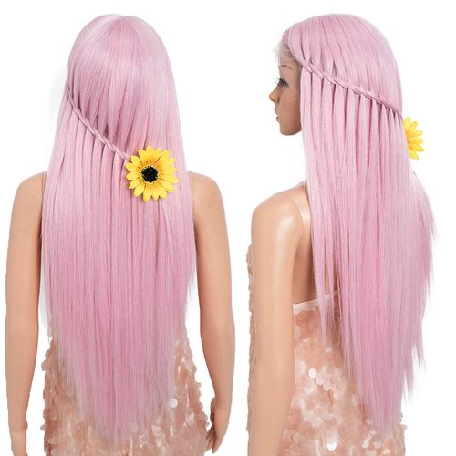 Style Icon 32-Inch Long Straight Wig Mid-Part Lace Front Silky Smooth Synthetic Pink Wig