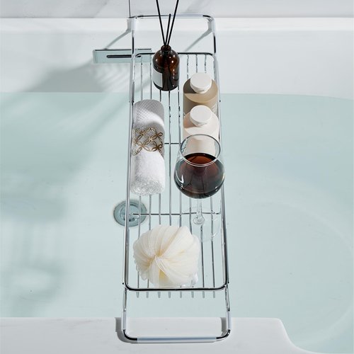 GIYDNEI Stainless Steel Bathtub Caddy Tray, Expandable Bath Tub Table, Adjustable Bathroom Tray, Bath Organizer Tub Shelf,Silver,26.8~35.4in