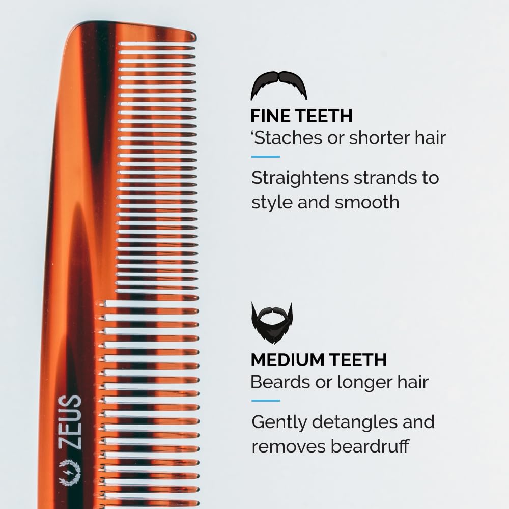 ZEUS 7.5” Large Beard & Mustache Comb, Handmade Saw-Cut Comb for Men’s Grooming, Anti-Static, Ultra-Smooth Finish for Snag-Free Styling (Traditional) C11