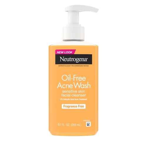 Neutrogena Oil-Free Acne Face Wash, Fragrance Free, Sensitive Skin Facial Cleanser with 2% Salicylic Acid Acne Treatment for Face, 9.1 Fl Oz