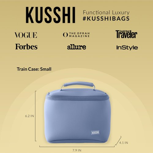 KUSSHI Neoprene Train Case Makeup Bag - Washable Makeup Travel Bag & Vanity Case for Stress Free Travel (Small, Pearl Blue/Sand Pink)